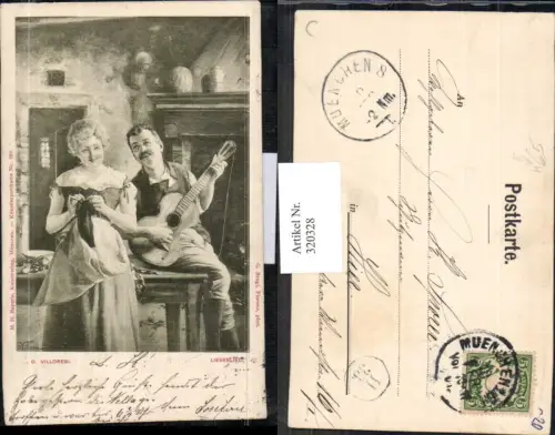 320328,Künstler Ak D. Villoresi Liebeslied Paar Mann Gitarre Frau Stricken Musik pub M. H. Bayerle 228