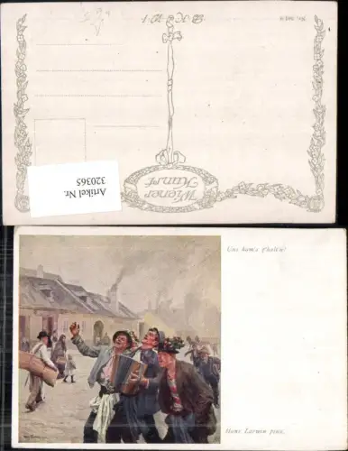 320365,Künstler Ak Hans Larwin Uns hams ghalten Musterung Männer Ziehharmonika Musik pub B.K.W.I. 501/2