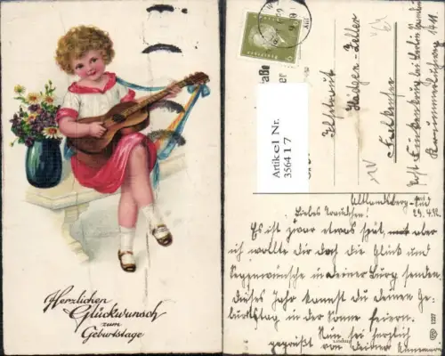 356417,Künstler Ak Mädchen spielt Gitarre Blumenvase Geburtstag Musik pub EAS