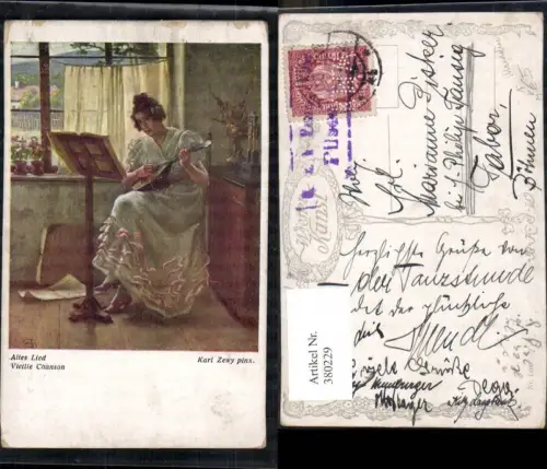 380229,Künstler Ak Karl Zewy Altes Lied Frau spielt Mandoline Notenständer Musik pub B.K.W.I. 1400