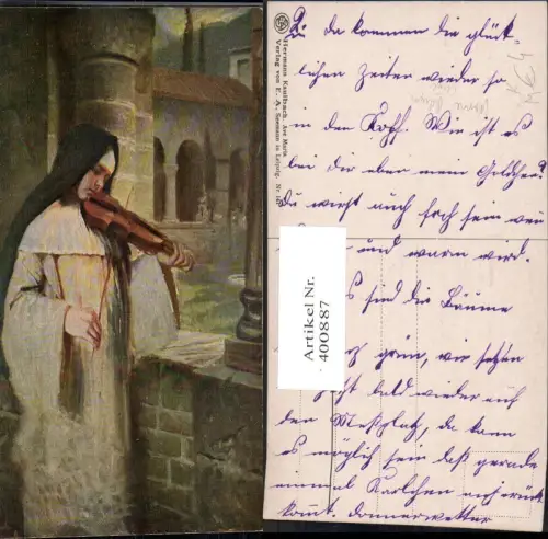 400887,Künstler Ak Hermann Kaulbach Ave Maria Nonne spielt Geige Musikinstrument Musik Religion