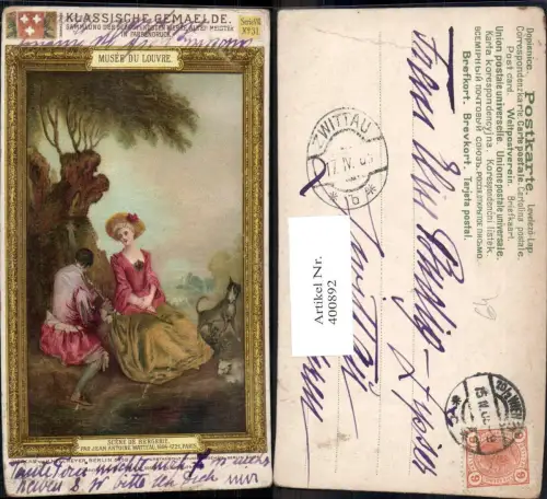 400892,Künstler Ak Jean Antoine Watteau Scene de Bergerie Mann Flöte Hund Musikinstrument Musik