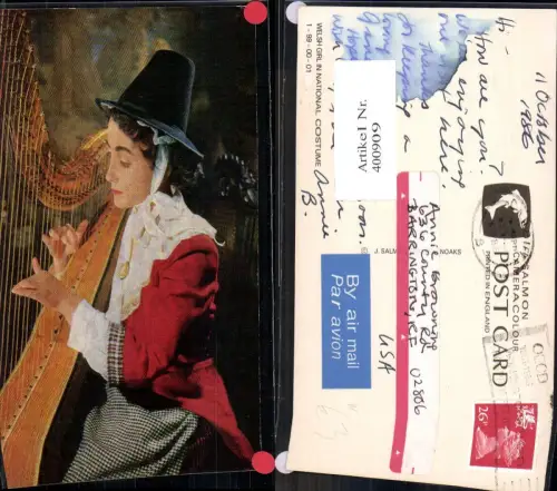 400909,Welsh Girl in National Costume Tracht Harfe Wales Great Britain Musikinstrument Musik