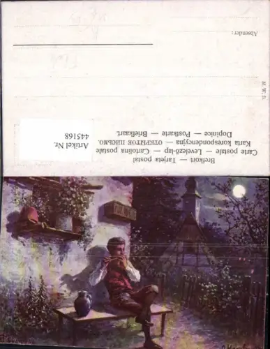 445168,Künstler Ak O. Herrfurth Bub spielt Flöte Mond Musikinstrument Musik