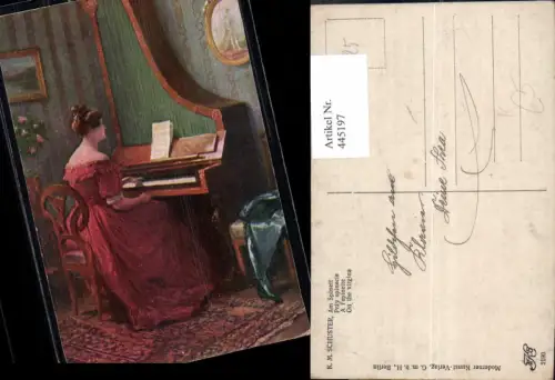 445197,Künstler Ak K. M. Schuster Am Spinett Frau Musikinstrument Musik