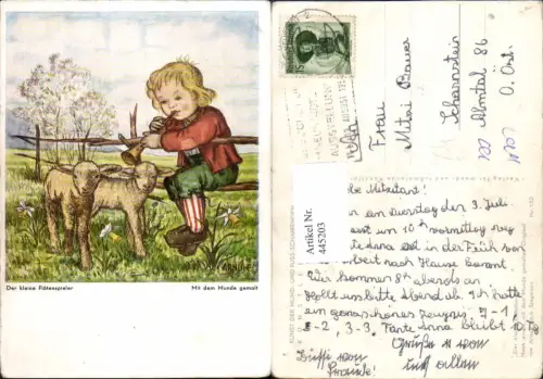 445203,Künstler Ak Mundgemalt Arnulf Der kleine Flötenspieler Lämmer Musikinstrument Musik