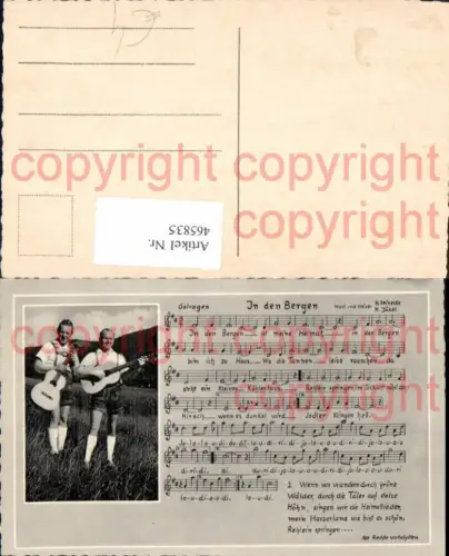 465835,In d. Bergen Liedkarte Gitarre Männer i. Tracht Musikinstrument Liedtext Noten
