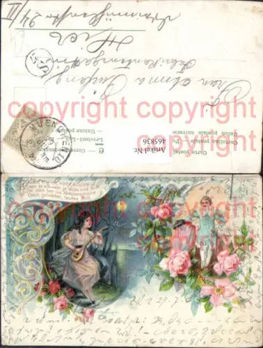 465836,Künstler Litho Frau m. Laute Musikinstrument Blumen Rosen