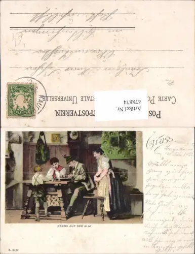 478874,Litho Musikinstrument Zither Familie Tracht Kachelofen Abend auf der Alm