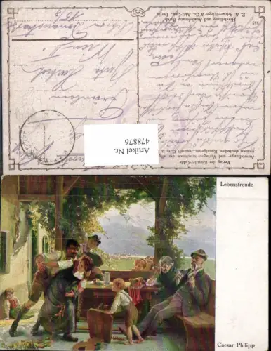 478876,Künstler Ak Caesar Philipp Lebensfreude Ziehharmonika Musikinstrument Pfeife Rauchen