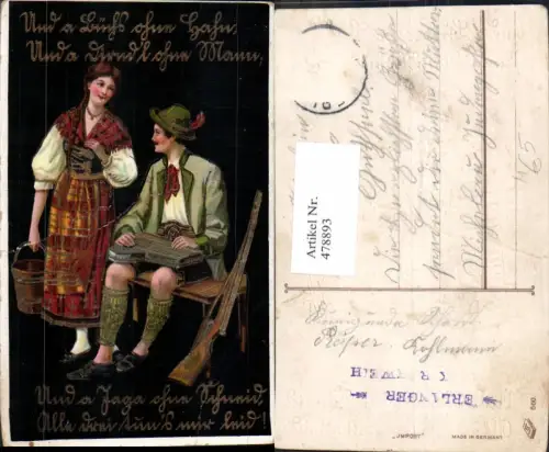 478893,Künstler Ak Musikinstrument Zither Jäger m. Bäuerin Spruch Text