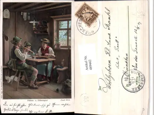 489442,Künstler AK Emil Rau Flöten- u. Zitherspiel Familie Tracht