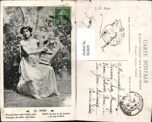 562829,Musikinstrument La Muse Frau Harfe