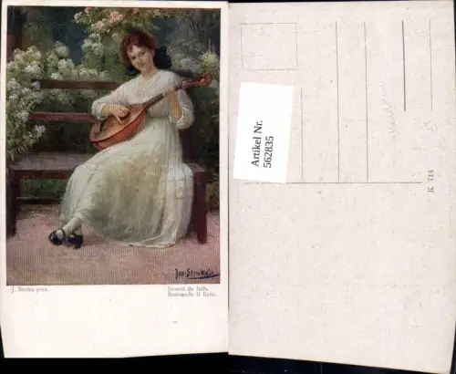 562835,Künstler Ak J. Straka Suonando il liuto Frau Mandoline Musikinstrument
