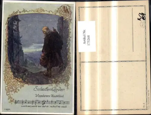 175268,Schubertlieder Wanderers Nachtlied Mann Wanderer m. Wanderstock Textzeile Notenzeile sign O. Elsner