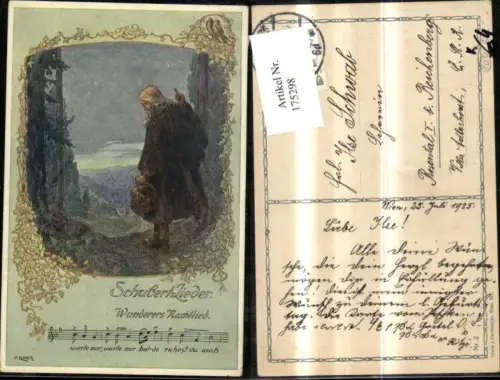 175298,Schubertlieder Wanderers Nachtlied Mann Wanderer Wanderstock Notenzeile Textzeile sign O. Elsner