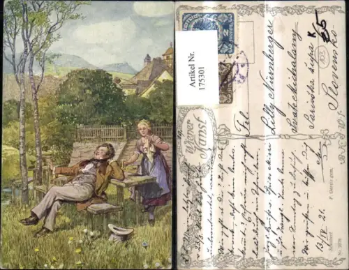 175301,Schubert b. Rast Bierkrug m. Frau sign F. Gareis