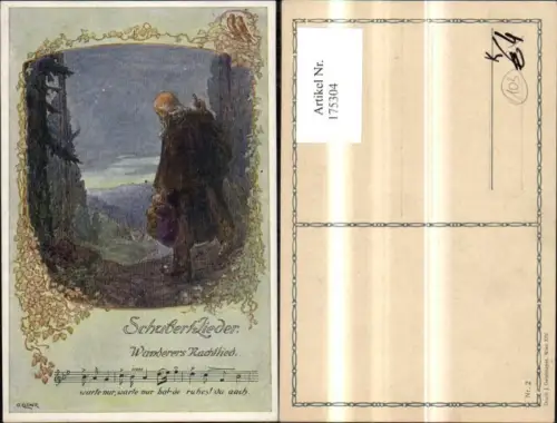 175304,Schubertlieder Wanderers Nachtlied Mann Wanderer Wanderstock Notenzeile Textzeile sign O. Elsner
