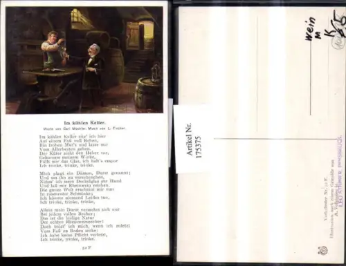 175375,Im kühlen Keller v. Carl Müchler Musik v. L. Fischer Künstler A. Volkhofen Mann Wein