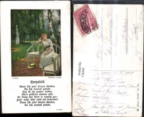 176245,Gedicht Herzeleid v. E. Gribel Künstler AK A. Broch Frau auf d. Sitzbank