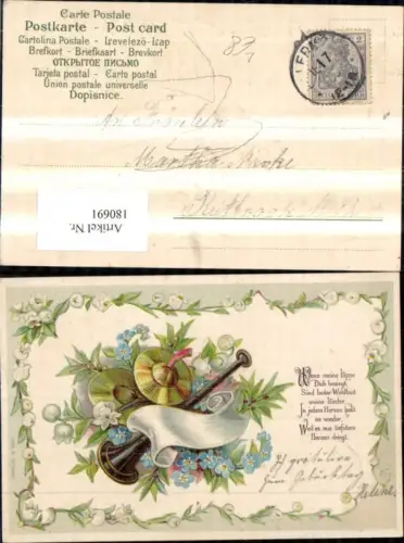 180691,Präge Litho Tröte Schelle Blumen Spruch