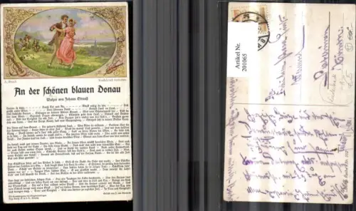 201065,Liederkarte An d. schönen blauen Donau Künstler Ak A. Broch Walzer v. Johann Strauß