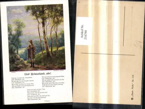 216746,Künstler Ak A. Broch Lieb Heimatland ade Volksweise Text Spruch Wanderer