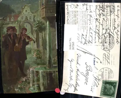 267265,Künstler Ak Georg Mühlberg Musikanten Trio Studentika Brunnen Musik