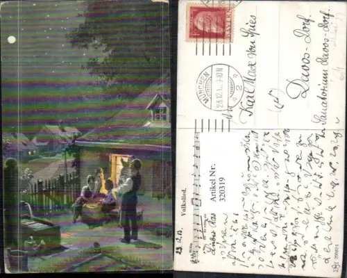 320319,Künstler Ak Volkslied 23 Familie v. Haus b. Mondschein Mond Wer hat d. schönsten Schäfchen Musik