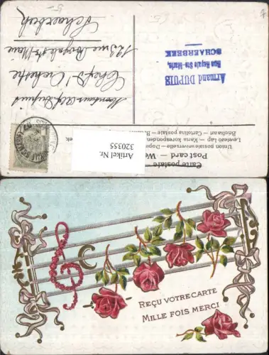 320355,Präge Künstler Ak Musik Recu Votrecarte Mille Fois Merci Notenschlüssel Rosen Notenzeile