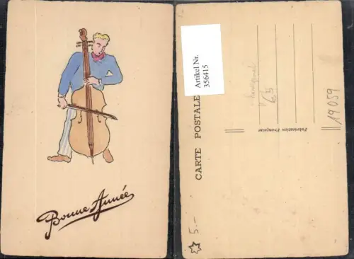 356415,Künstler Ak Handgemalt Cello Mann Musik Bonne Annee