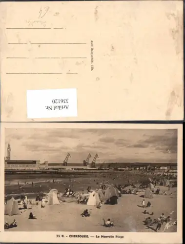 336120,Foto Ak Cherbourg La Nouvelle Plage Bademode Strandleben Kräne Hafen i. Hintergrund