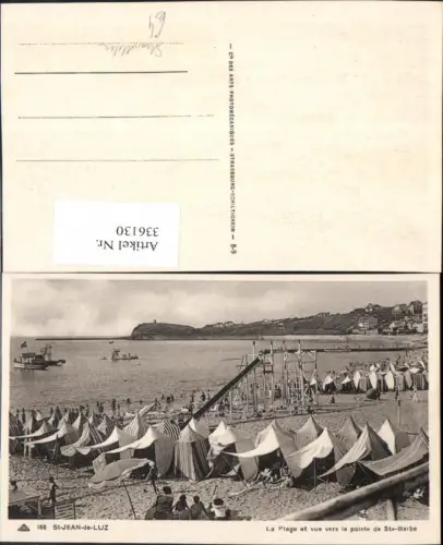336130,St Jean de Luz La Plage et vue vers la pointe de Ste Barbe Bademode Strandleben Boote