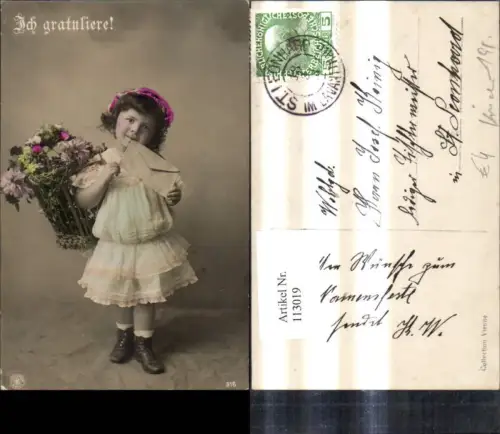 113019,Post Postwesen Mädchen m. Blumenkorb Brief Ich gratuliere Post