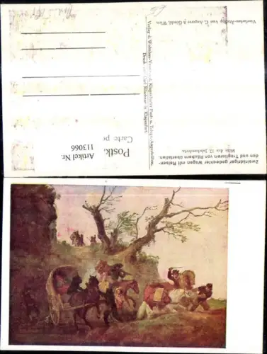 113066,Künstler Ak Post Postwesen Zweirädriger gedeckter Wagen m. Reisenden u. Tragtieren v. Räubern überfallen