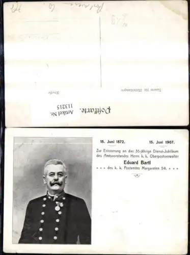 113215,Post Postwesen 35 Jährige Dienstjubiläum Eduard Bartl Amtsvorstand kk Postamt Margareten 54 Wien 1907