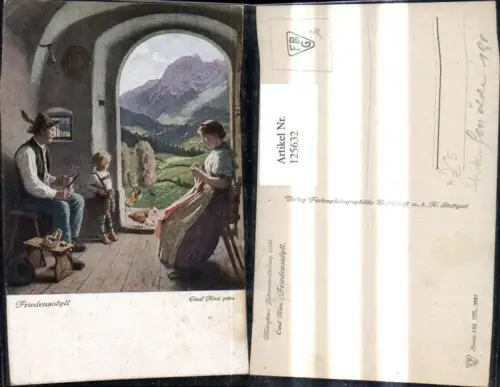125632,Künstler Ak Emil Rau Friedensidyll Frau b. Stricken b. offener Türe Mann Kind Bergkulisse Heimarbeit