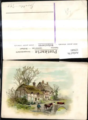 125681,Litho Landwirtschaft Bauernhof Bauer Mann m. Kühen Rinder i. Vordergrund Brücke