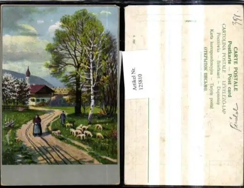 125810,Künstler Präge Ak Hirte Schäfer m. Schafherde Frau Dorfstrasse Bergkulisse