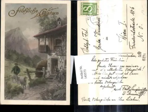 145573,Künstler Ak Hirte Schäfer Hirtenjunge m. Schafe Bauernhaus Bergkulisse Fröhliche Ostern