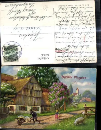 145640,Künstler Ak Landwirtschaft Bauernhof Bauer m. Pfeife Karren Schaf Fröhliche Pfingsten