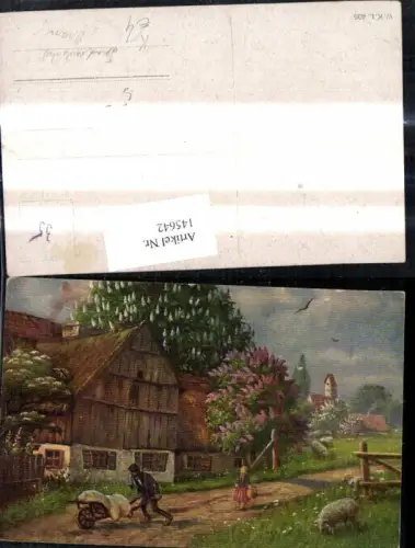 145642,Künstler Ak Landwirtschaft Bauernhof Bauer m. Pfeife Karren Schaf Fröhliche Pfingsten