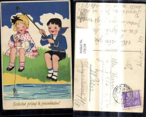 178139,Künstler Ak Kinder m. Puppen Angeln Fischen Matrosenanzug Srdecne prani k jmeninam
