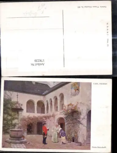 178220,Künstler Ak Carl Probst Frohe Botschaft Briefträger i. Hof m. Frauen Post Postwesen