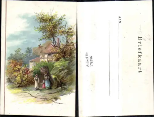 178386,Künstler Litho Bauern Bäuerinnen m. Holz a. Rücken Landwirtschaft Glitzerverzierung