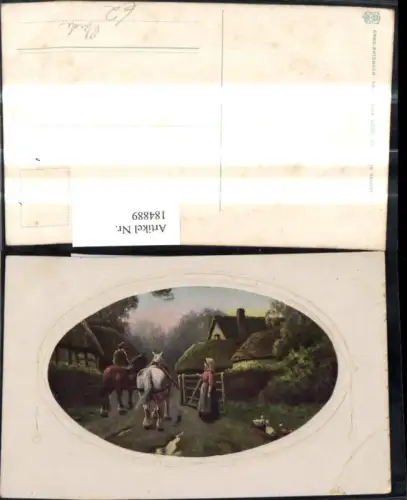 184889,Künstler Ak Bauern m. Pferde Enten Bauernhof Zaun Landwirtschaft Präge Passepartout