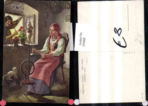 192008,Künstler AK J. Rainer Heimarbeit Angenehme Stundn Frau b. Spinnen Spinnrad Katze Mann m. Geige