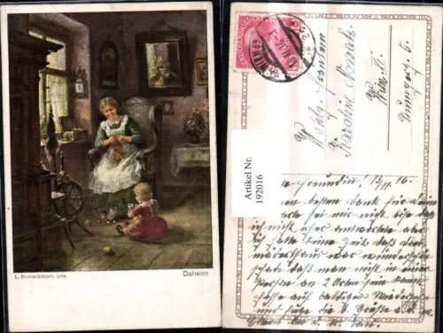 192016,Künstler AK Blume-Siebert Heimarbeit Daheim Frau b. Stricken Mädchen m. Katzen Spinnrad