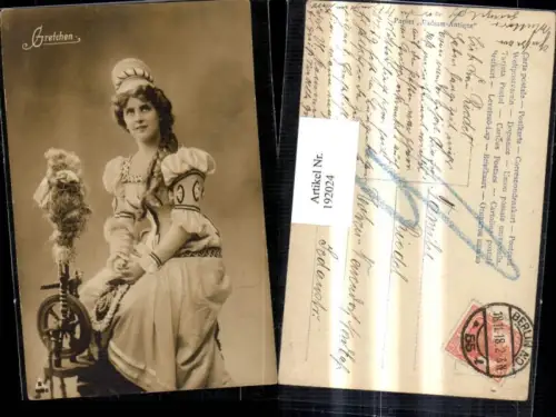 192024,Heimarbeit Gretchen Mädchen m. Kleid b. Spinnen Spinnrad
