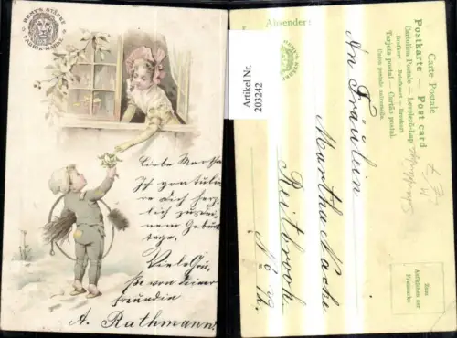 203242,Neujahr Litho Rauchfangkehrer m. Mistel a. Fenster m. Mädchen Schornsteinfeger